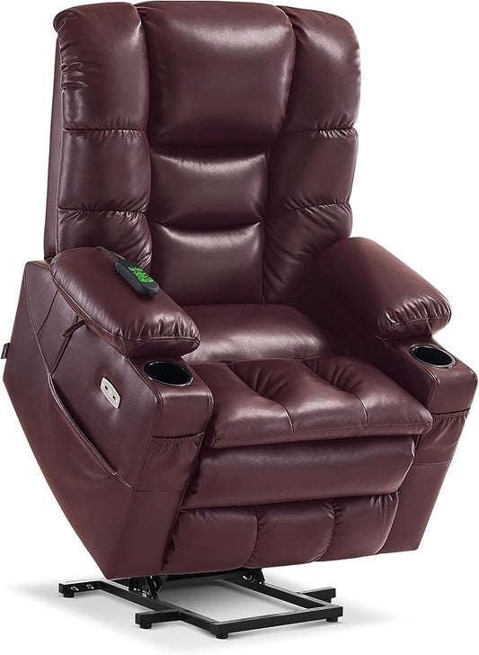 MCombo Large Triple Motor Power Lift Recliner Chair with Massage and Dual Heating, Adjustable Headrest for Tall Elderly People, Faux Leather 7634 (Wine, Large)