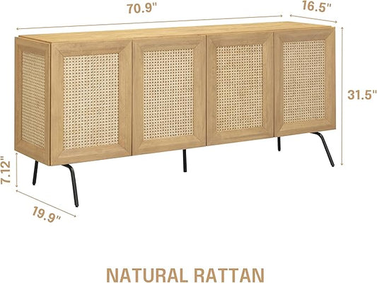 NTC MOSSIC Modern Sideboard with 4 Doors, Natural Rattan Storage Cabinet, Buffet with Metal Legs, Boho Accent Cabinet for Living Room, and Entryway, Effortless Assembly, Sand
