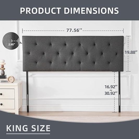Linen Upholstered Headboard King Size, Modern Diamond Tufting Solid Wood Cali King Headboard Only, Adjustable Height from 37” to 51” Head Board, Bed Frame or Wall Mount Headboards, Dark Grey