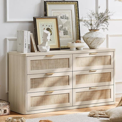 LEYAOYAO Rattan 6 Drawer Dresser for Bedroom, Boho 54" Wide White Dresser Chest of Drawers, Dressers TV Stand with Metal Handle, Storage Dressers Closet Organizer for Living Room, Hallway