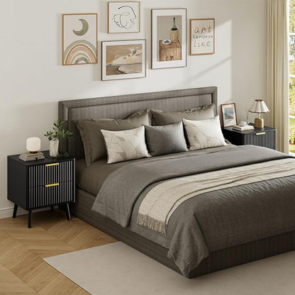 LYNSOM Fluted Dresser and Nightstand Set, 3 Pieces Bedroom Set, 55 Inch Wide 6-Drawer Dresser & 2-Drawer Nightstands Set of 2, Modern Dressers Set for Bedroom, Hallway, Black