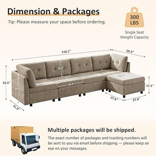 VANOMi 4 Seat Modular Cloud Sofa with Ottoman, 118" Modular Sectional Sofas & Couches for Living Room, Cozy Chenille Cloud Sectional Couch Sofas for Living Room, Apartment, Office, Camel, L Shaped