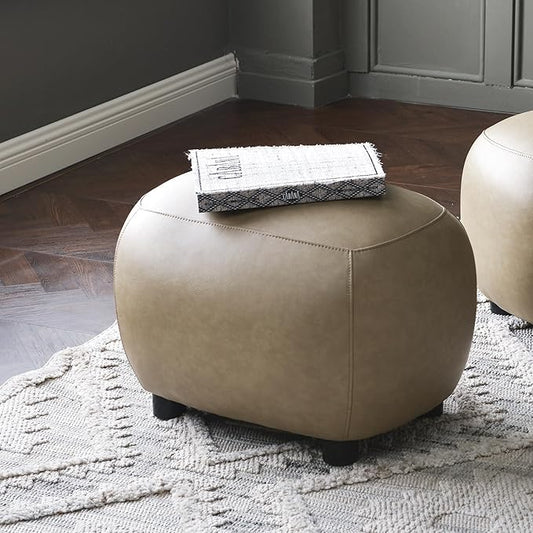 KINWELL 23" Wide Faux Leather Upholstered Ottoman, Mid-Century Modern Living Room Footrest with Soft Padded Seat, Footstool for Bedroom, Entryway or Living Room, Khaki
