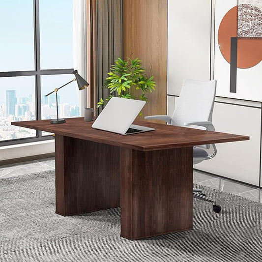 LEVNARY 78 Inch Long Executive Desk, Large Office Desk with Wood Strip Base, Modern Farmhouse Computer Desk Business Furniture for Home Office (Walnut)