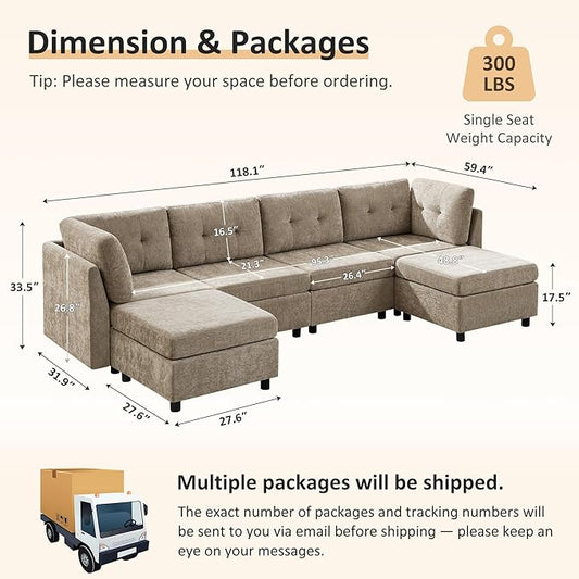 VANOMi 4 Seater Modular Cloud Sofa with 2 Ottomans, 118" Sectional Sofas & Couches for Living Room, Comfy Chenille Cloud Sectional Couch Sofas for Living Room, Apartment, Office, Camel, U Shaped