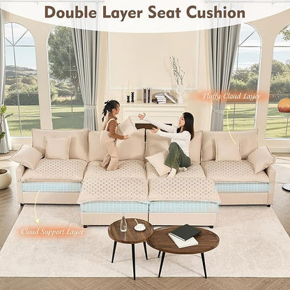 142.5" U Shaped Couch, Modular Sectional Sofa, 3-Seater Comfy Cloud Couch with Movable Ottoman, Deep Seat Couches for Living Room, Linen, Beige