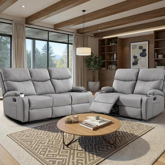 Manual Recliner Sofa Set Anti-Scratch 3 Seats Reclining, Sofa Couches with Side Pocket and Cupholders Wall Hugger Leather Couch for RV Living Room Home Theater Bedroom Apartment