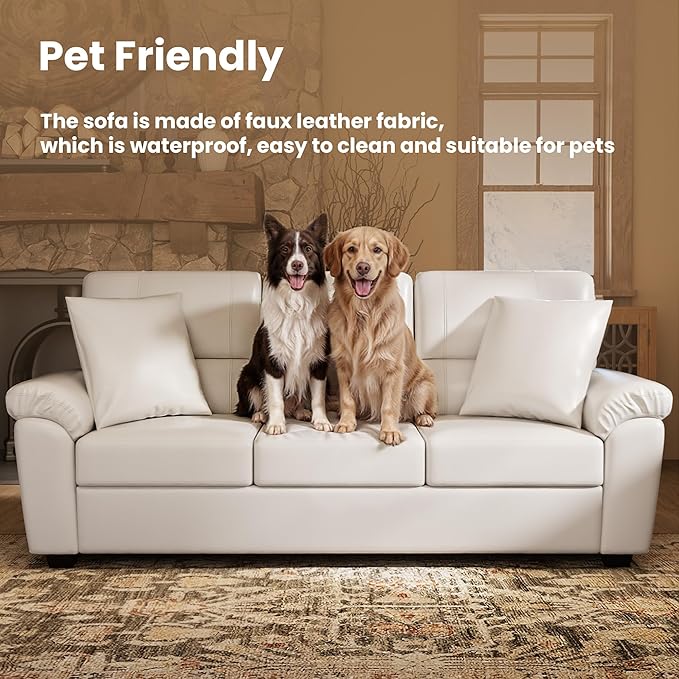 Morden Fort Faux Leather Chair and 3 Seater Sofa Set, Modern Luxury Furniture with Removable and Easy to Clean Cushions, Skin-Friendly Wide Arm for Living Room Apartment Office Lounge, White