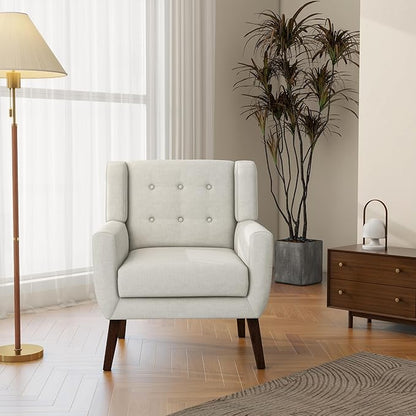 Accent Chair, Mid-Century Modern Fabric Chairs with Arms for Living Room, Comfy Upholstered Club Single Sofa Armchair for Bedroom Waiting Room with Solid Wood Frame (Fabric Beige, Set of 2)
