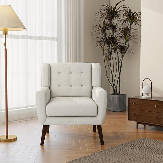 Accent Chair, Mid-Century Modern Fabric Chairs with Arms for Living Room, Comfy Upholstered Club Single Sofa Armchair for Bedroom Waiting Room with Solid Wood Frame (Fabric Beige, Set of 1)