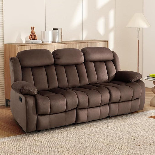 INZOY Manual Recliner Sofa with Padded Armrest, Wall-Hugger 3 Seat Reclining Love Seat Couches with Overstuffed Back, 3 Seater Reclining Chair for Living Room Theater Seating, Brown