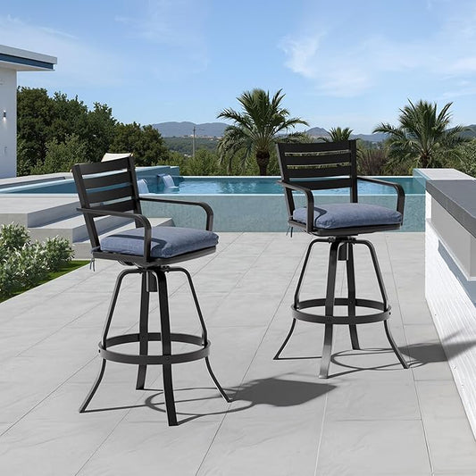 Pellebant 29.5" Outdoor Bar Stools Set of 8, Aluminum Swivel Patio Bar Height Stools with Footrest & Backrest, Rust-Proof Patio Bar Stool Chairs for Deck Backyard, Spectrum Denim