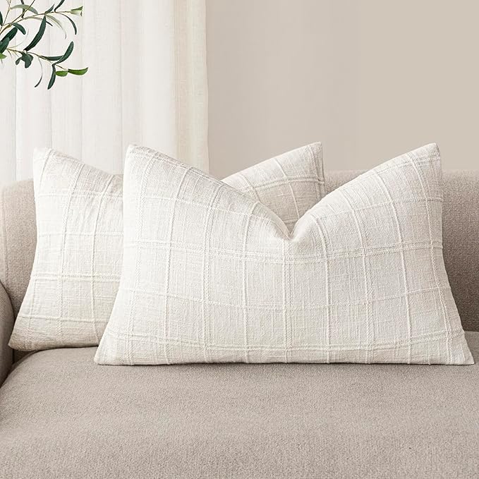 Foindtower Set of 2 Decorative Linen Check Throw Pillow Covers Neutral Farmhouse Lumbar Cushion Covers Modern Boho Home Decor for Sofa Chair Couch Bedroom Living Room,12×20 Inch,Cream White