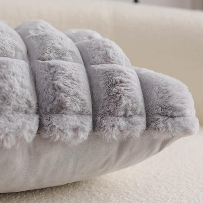 Neelvin Grey Faux Fur Cozy Soft Plaid Decorative Throw Pillow Covers 22x22 inch Set of 2,Velvet Pillowcase Cushion Case for Sofa Couch