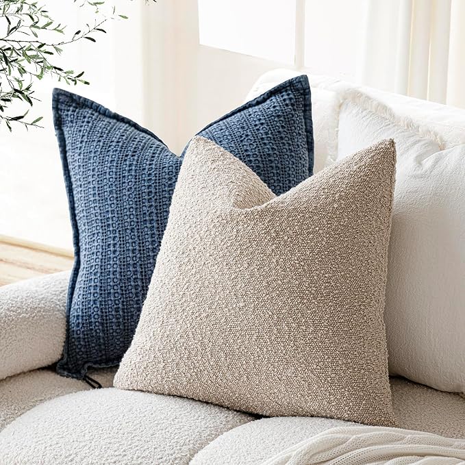 Foindtower Pack of 2 Textured Boucle Throw Pillow Covers Accent Solid Pillow Cases Cozy Soft Decorative Couch Cushion Case for Chair Sofa Bedroom Living Room Home Decor, 18 x 18 Inch,Oatmeal