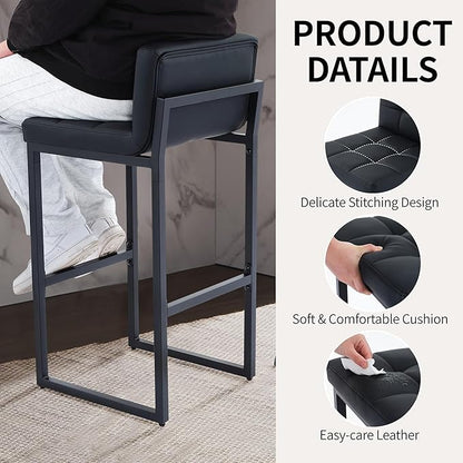 Bar Stools Set of 4, PU Leather Counter Height Barstools with Low Back and Thickened Metal Legs, 26 Inch Modern Island Chairs for Kitchen Island, Bar, Counter (Black, 4Pcs 26" Bar Stools)