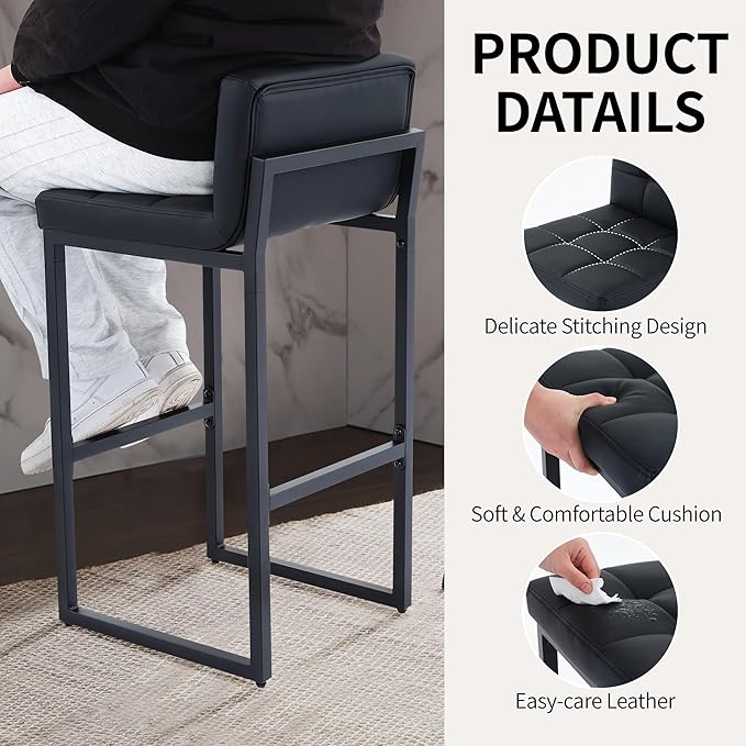 Bar Stools Set of 3, PU Leather Bar Height Barstools, 30" High Top Bar Stools with Back and Thickened Metal Legs, Upholstered Island Chairs for Kitchen Island (Black, 3Pcs 30" Bar Stools)