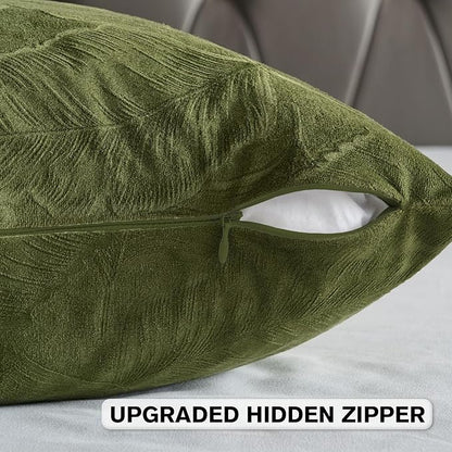 FUTEI Moss Green Velvet Throw Pillow Covers 22x22 Inch Set of 2,Soft Embossed Leaf-Relief Textured Cushion Cases,Natural Home Decor for Couch Living Room
