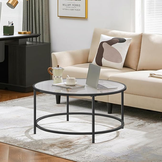 Yaheetech 36" Round Glass Coffee Table, Black Circle Coffee Table Center Table with Glass Top, Small Coffee Table for Living Room, Office & Apartment