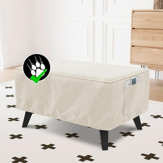 H.VERSAILTEX Sturdy Ottoman Cover Folding Storage Stool Furniture Protector Soft Rectangle Slipcover with Storage Side Pocket Fit Length 33"-34" Footrest Removable Washable - Heather Ivory