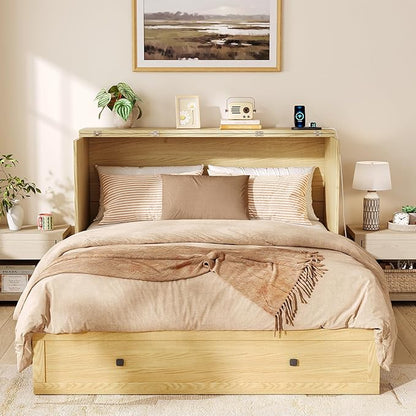Murphy Bed Queen with Storage & Charging Station, Murphy Cabinet with Foldable Panel, Noisy Free, for Guest Bedroom, Living Room, Office, Distressed,Natural