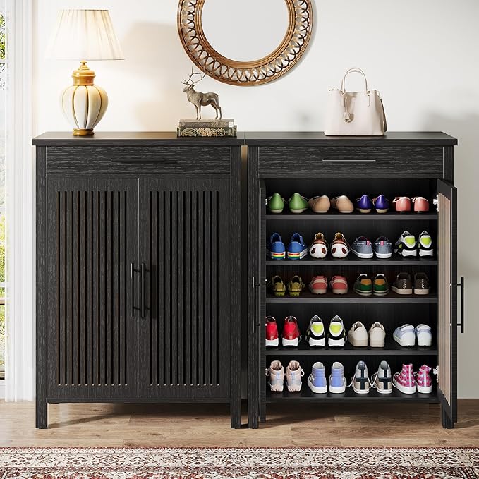 Tribesigns Shoe Cabinet, 5-Tier Shoe Storage Cabinet with Louvered Doors and Drawer, Freestanding Wooden Shoe Rack Organizer with Adjustable Shelves for Entryway, Hallway, Closet, Black