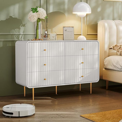 HLR White Dresser for Bedroom,48'' Wide Wood Chests of Drawers,Modern Fluted 6 Drawer Dresser with Gold Metal Handles,Clothes Deep Drawer Dressers Storage for Living Room,Hallway