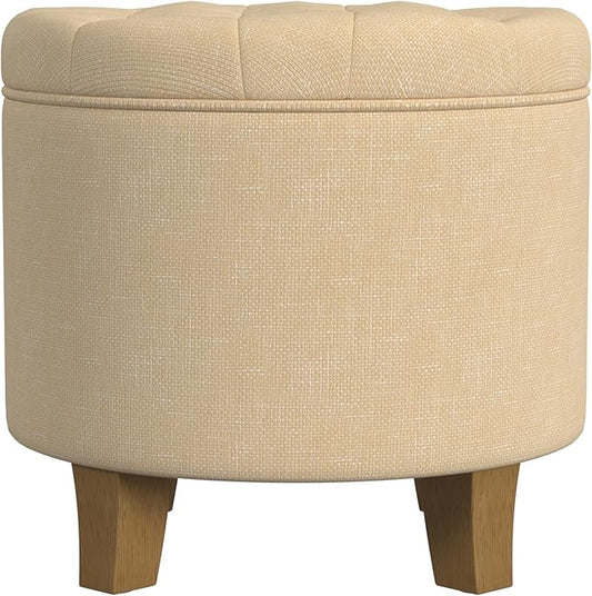 HomePop by Kinfine Fabric Upholstered Round Storage Ottoman - Button Tufted Ottoman with Removable Lid, Light Tan Textured Solid