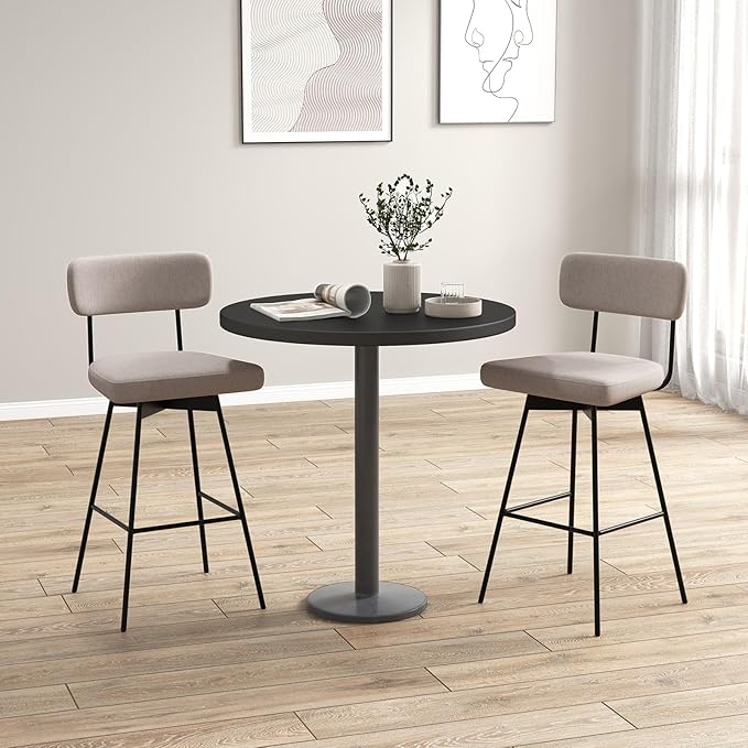 COSTWAY Bar Stools Set of 2, 29” Upholstered Bar Height Chairs with Back, 360° Swivel Bar Chairs with Heavy-Duty Metal Legs and Footrests, Fabric Seat for Kitchen Island, Dining Room, Bar (2, Beige)