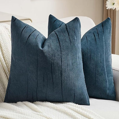 FUTEI Navy Blue Chenille Decorative Throw Pillow Covers 16x16 Inch Set of 2,Soft Embossed Striped Textured Cushion Case,Modern Home Decor for Couch Bed Living Room