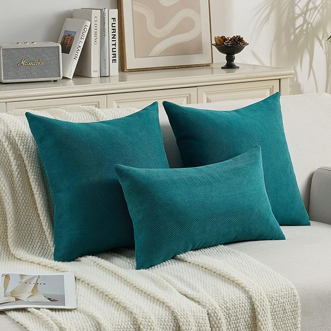 FUTEI Teal Chenille Throw Pillow Covers 20x20 Inch Set of 2,Soft Wide Chevron Textured Cushion Case,Farmhouse Home Decor for Couch Bed Living Room
