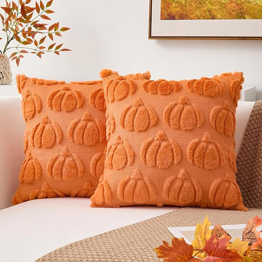 Kevin Textile Fall Pillow Covers 16x16 Inch Set of 2 Soft Pumpkins Decorative Square Pillowcases Plush Autumn Faux Fur Cushions Harvest Gift for Couch Sofa Chair Bedroom Home Decor, Orange