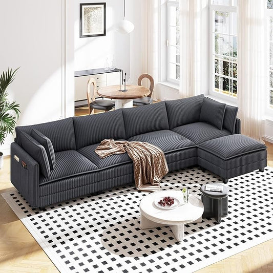 Vesgantti 143" L Shaped Modular Sectional Couch, Comfy Corduroy Upholstered Cloud Couches for Living Room, Modern 3 Seater Sofa with Movable Ottoman & Throw Pillows, Charcoal Grey