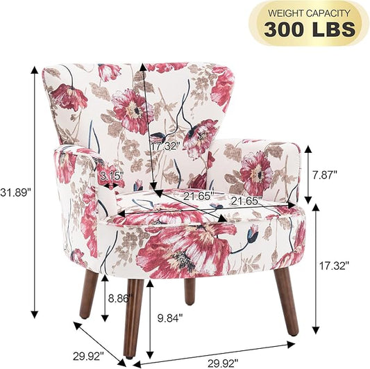 Floral Accent Chair, Upholstered Living Room Chairs with Solid Wood Legs, Mid Century Modern Velvet High Back Armchair for Living Room, Bedroom, Pink