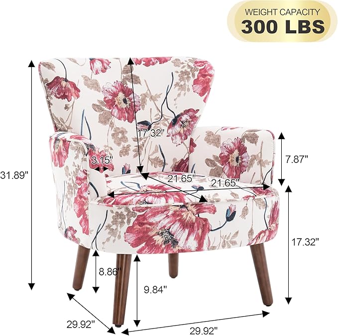 Floral Accent Chair Set of 2, Upholstered Living Room Chairs with Solid Wood Legs, Mid Century Modern Velvet High Back Armchair for Bedroom, Living Room, Pink