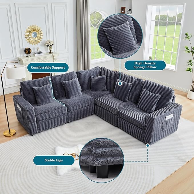 Modern Corner Sofa Seat with 2 Pillows for Modular Sectional Couch for Living Room-Blue Grey