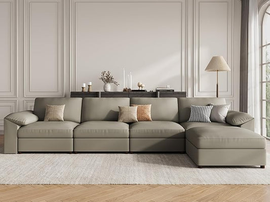 EASE MOOSE Oversized Modular Sectional Sofa,Leather Sectional Couch with Deep Seat,Extra Large L Shaped Couch,Modern Comfy Scratch Resistant Faux Leather Material Sofa,Light Grey