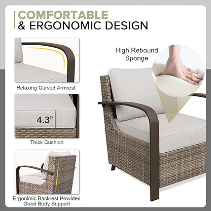 COOS BAY Aurora Terrace Half-Moon Outdoor Furniture Set, Rattan Conversation Set with Patio Chairs, Curved 5-Seat Sofa, Coffee Table & Side Table, Seats 7, Beige/Beige