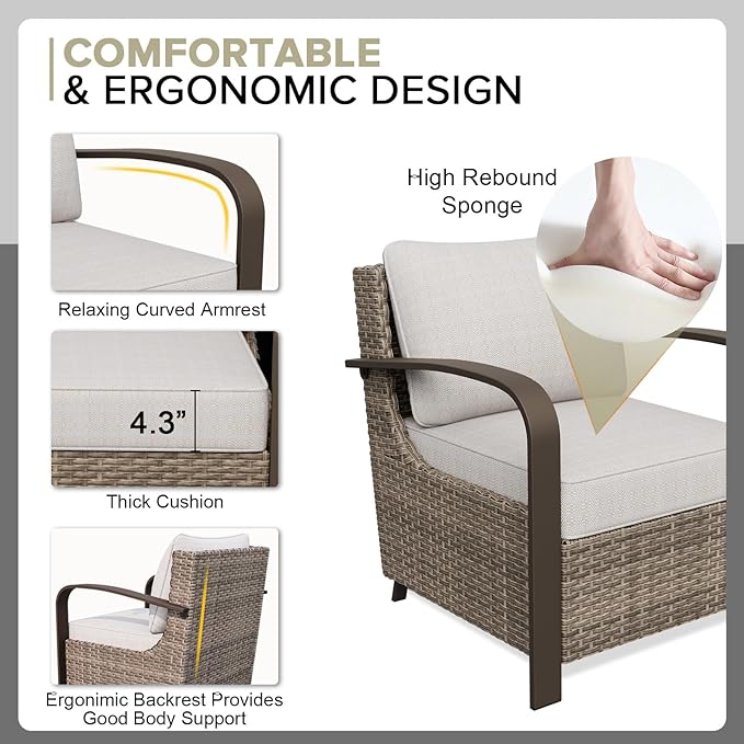 COOS BAY Aurora Terrace Half-Moon Outdoor Furniture Set, Rattan Conversation Set with Patio Chairs, Curved 5-Seat Sofa, Coffee Table, Seats 7, Beige/Beige