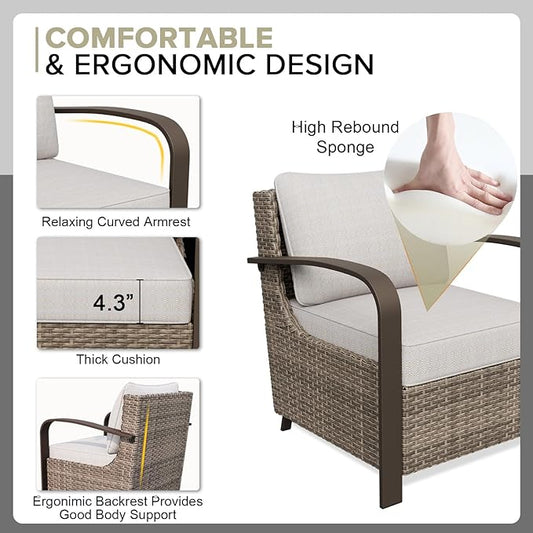 COOS BAY Aurora Terrace Half-Moon Outdoor Furniture Set, Rattan Conversation Set with Patio Chairs, Curved 4-Seat Sofa, Coffee Table & Side Table, Seats 6, Beige/Beige