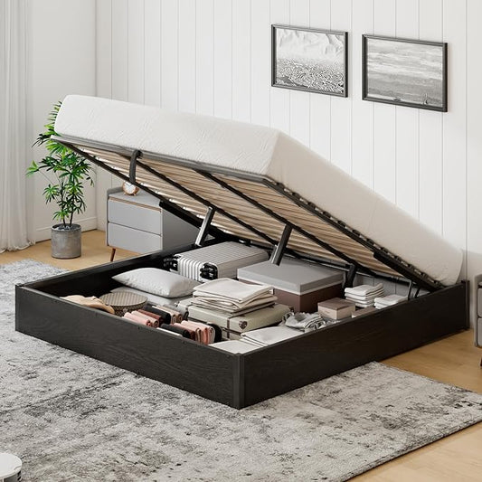 Lift Up Storage Bed Frame, King Size Wooden Platform Bed with Large Storage Underneath, No Box Spring Needed, Noise Free, Black