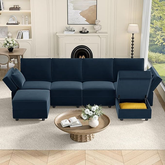 Vesgantti Sectional Couches with Storage Seats, 118" L Shaped Convertible Modular Sectional Sofa, 4 Seat & 2 Ottomans Velvet Storage Chaises Deep Seat Couch for Living Room, Bedroom, Apartment, Blue
