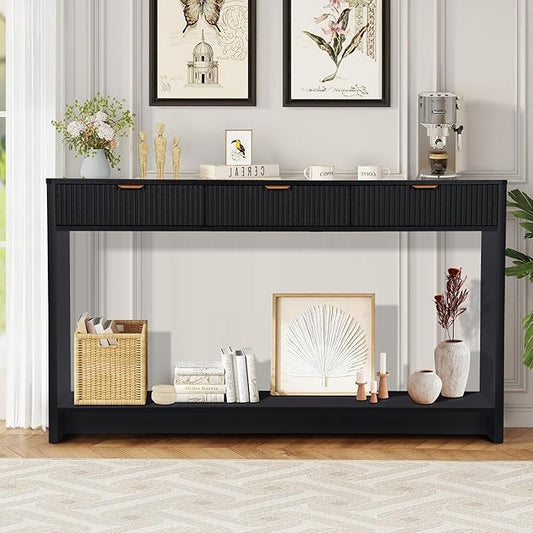 Entryway Table with Storage, Narrow Console Table with 3 Drawers, 55.12' Couch Table Behind Sofa Long for Living Room TV/Hallway Entrance Foyer, Mid Century Modern Black Fluted Console Table