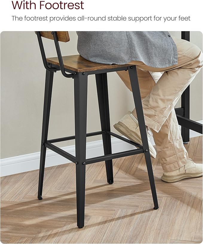 VASAGLE Set of 2 Bar Stools, Bar Height Stools, 29.1 Inches Tall Barstools with Back, Counter Bar Chairs for Kitchen Island, Steel Frame, Industrial Style, Easy Assembly, Rustic Brown and Ink Black