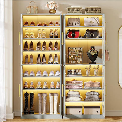 Tribesigns Tall Shoe Cabinet with Acrylic Doors and LED Lights, 8-Tier Shoe Organizer Storage Rack with Adjustable Shelves and Hanging Hooks for Narrow Closet, Hallway, Living Room, Gray (Set of 2)