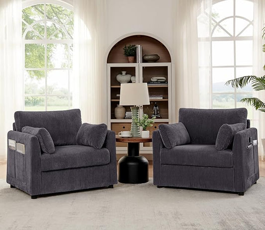 Accent Chair Set of 2 Living Room Chairs in Corduroy Fabric,Reading Chair Sofa Couch for Apartment Bedroom and Small Spaces.(Grey, 2 Chairs)