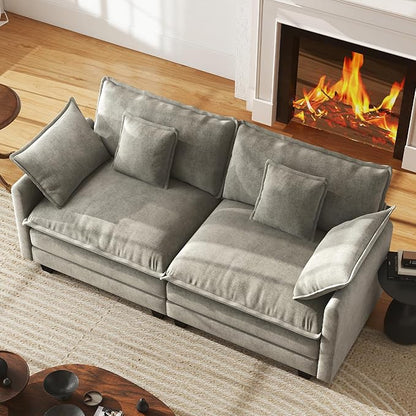WorthFurni 77 Inch Cloud Sofa Loveseat, Comfy Sectional Couch, 2-Seater Chenille Deep Seat Sofa with Throw Pillows for Living Room Bedroom Apartment （Grey）
