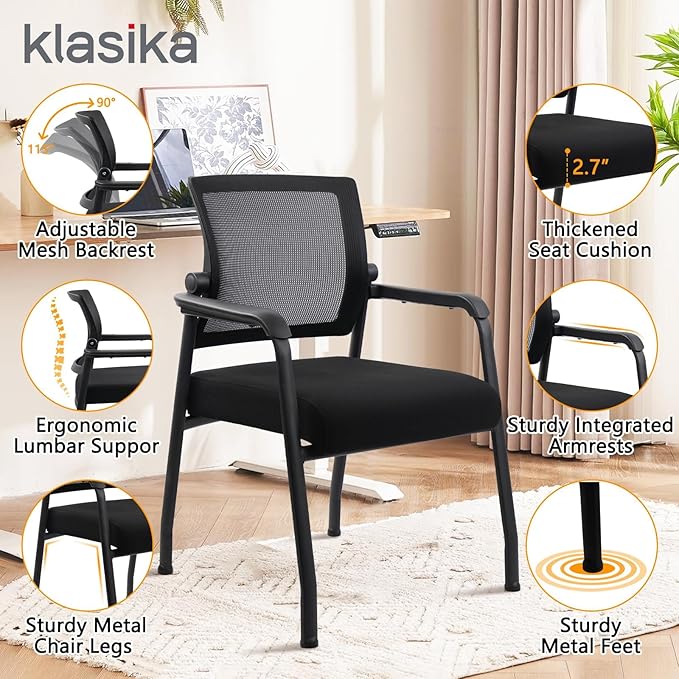 8PK Office Guest Chairs No Wheels | Ergonomic Lumbar Support and Thicked Seats Cushion, Desk Chair with Adjustable Mesh Back for Waiting Room School Church Reception，Black