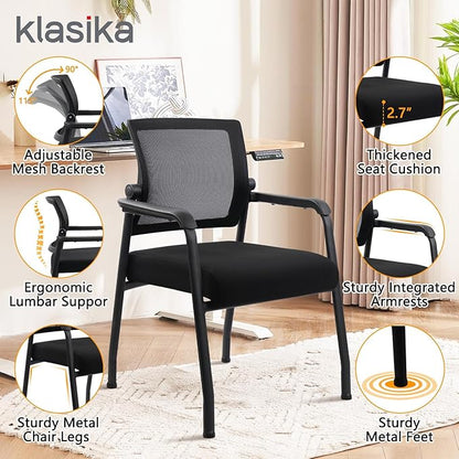 Office Guest Chairs No Wheels | Ergonomic Lumbar Support and Thicked Seats Cushion, Desk Chair with Adjustable Mesh Back for Waiting Room School Church Reception，Black 2PK