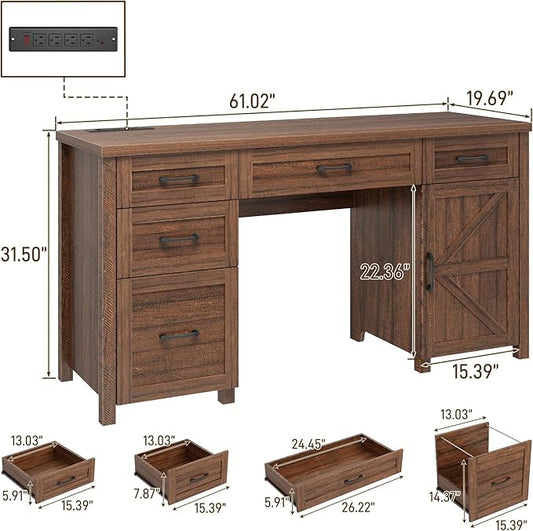 Farmhouse 61'' Executive Desk with 5 Drawers, Rustic Office Desk Computer Desk with Charging Station, File Drawers and Storage Cabinet, Wood Workstation for Study and Home Office, Red-Brown.